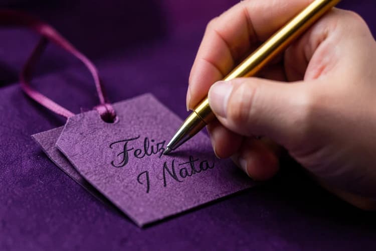 Close-up de uma mão escrevendo "Feliz Natal" em um cartão de presente com caneta dourada.