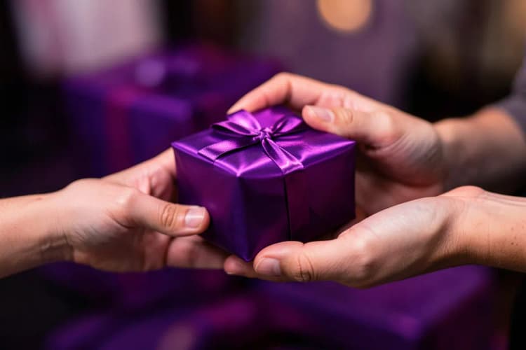 Duas mãos trocando um pequeno presente de Natal embrulhado em papel brilhante.