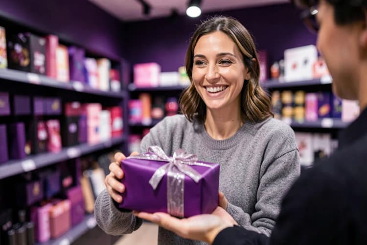 Cliente sorrindo ao receber um brinde personalizado de Natal em uma loja.