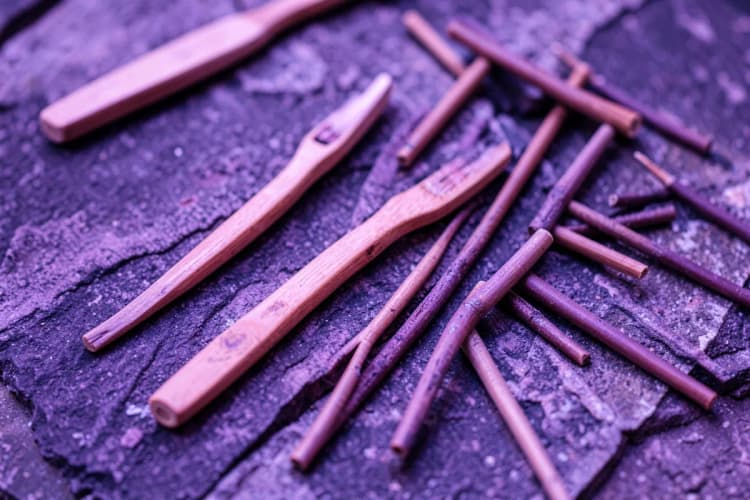 Vários objetos feitos de bambu, como escova de dentes e canudo, dispostos sobre uma superfície de pedra.
