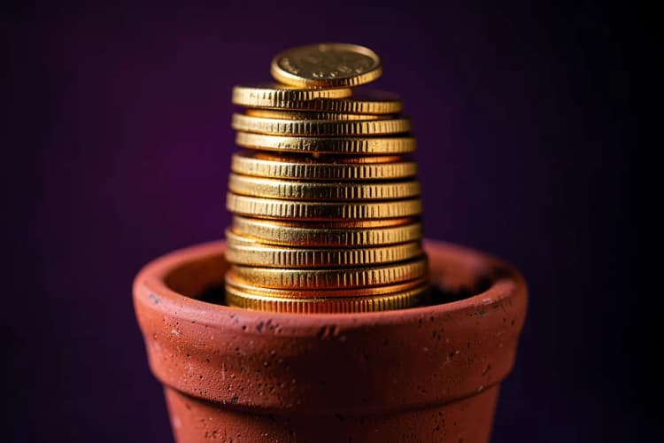 Pilha de moedas de ouro crescendo como uma planta em um vaso, simbolizando crescimento financeiro.